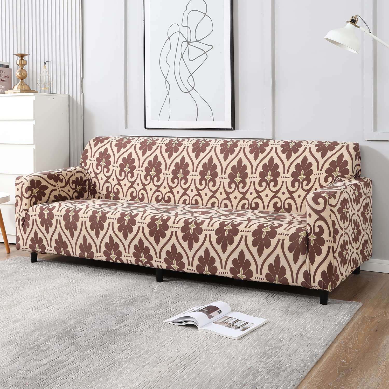 HOKIPO Sofa Cover 4 Seater Fully Covered, Beige Damask
