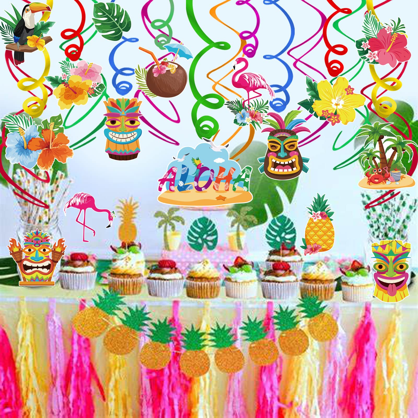 Hawaiian Party Decorations Ouddy Life 37-Piece - Luau Tropical Theme With  Banners, Palm Leaves \u0026 Flamingos Summer Beach Party Decorations, image size:1600x1600