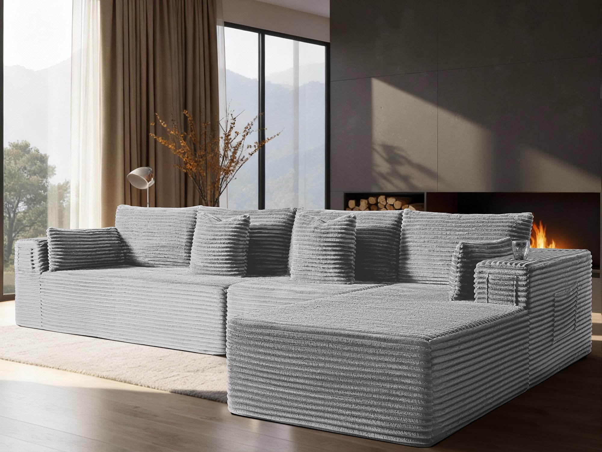 138" Oversized Cloud Sectional Couch, Comfort L Shaped Boneless Couch for Living Room, Extra Deep Seats No Assembly, Minimalist Modular Sofa, Corduroy (Light Grey, 3 seater+Right Facing Chaise)