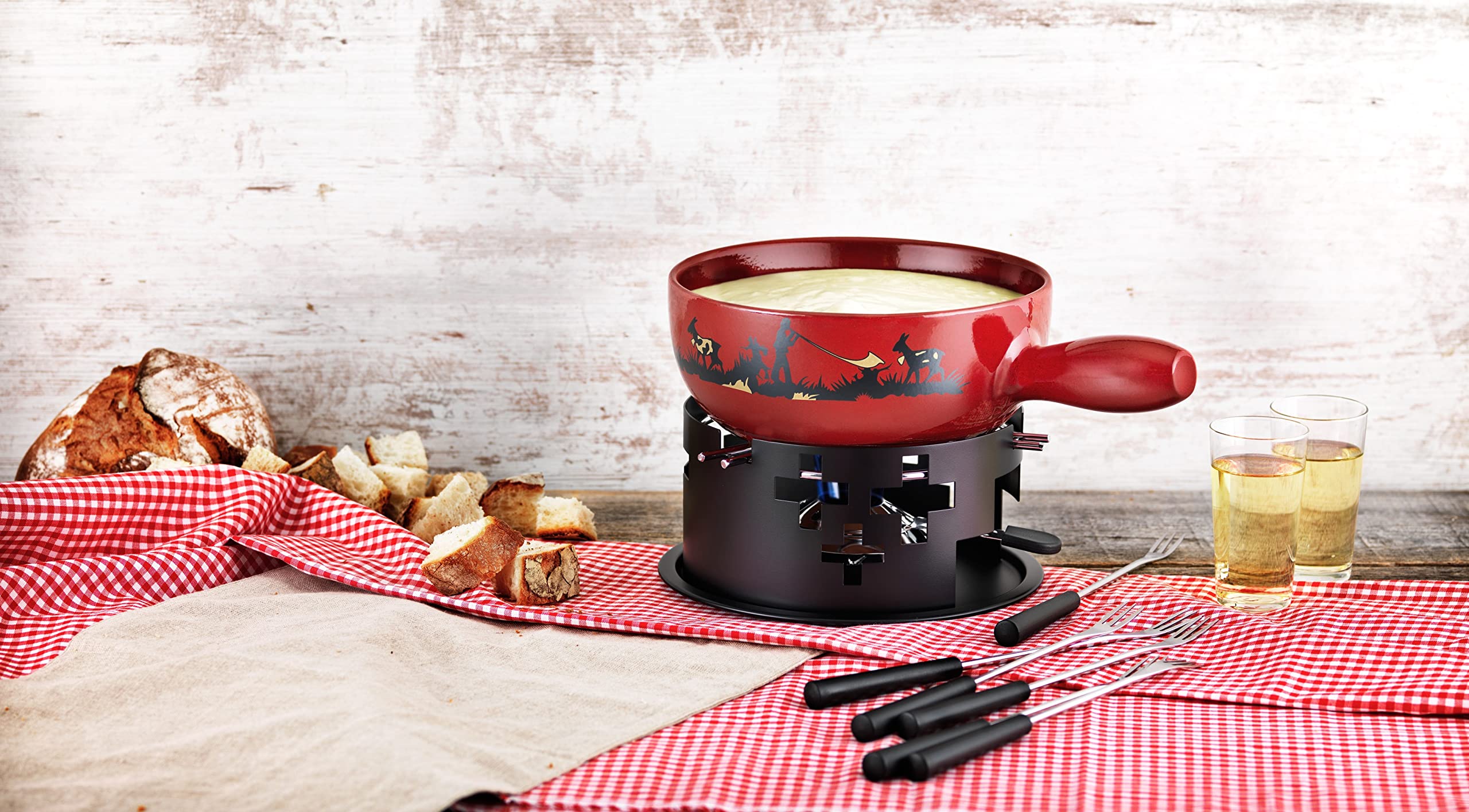 Kuhn Rikon 32178 - Fondue (9 Piezas: Cacerola, hornillo, Masa para Quemar y 6 Tenedores), diseño Africano