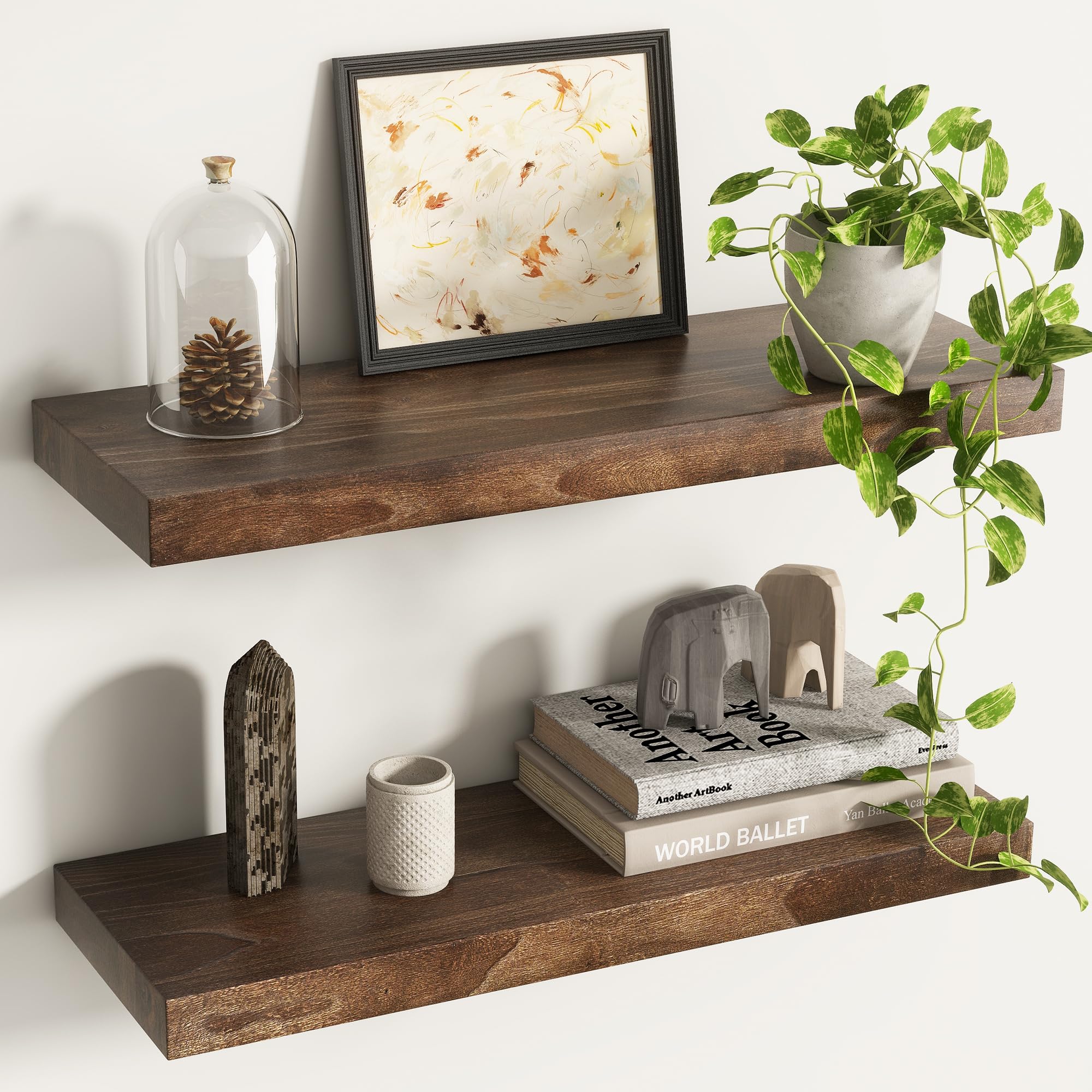 Solid Wood Floating Shelves 60 cm, Flat Edge, Natural Unique, Walnut, 2pcs — image 1