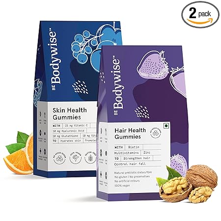 Be Bodywise Complete Skin and Hair Nourishment Kit | 30 Days Pack | Skin Gummies and Biotin Hair Gummies for Women | Hydrates Skin and Gives Natural Glow | Strengthen and Nourishes Hair