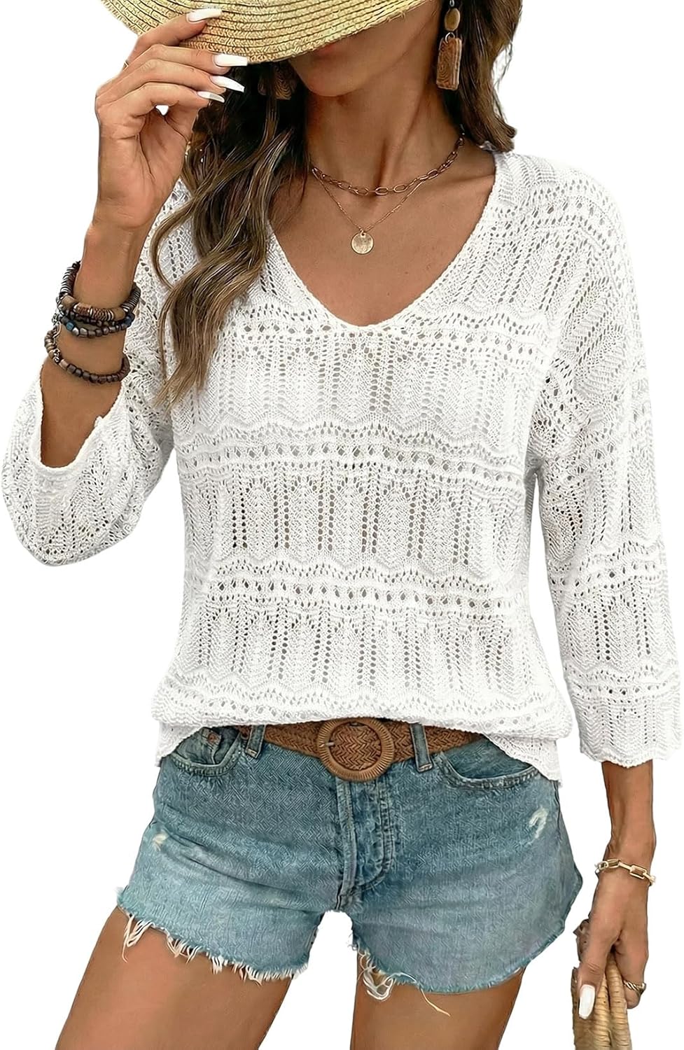 SHEWIN Womens Spring Tops Crochet 3/4 Length Sleeve Pullover Sweater Oversized Summer Shirts Trendy Beach Vacation Clothes
