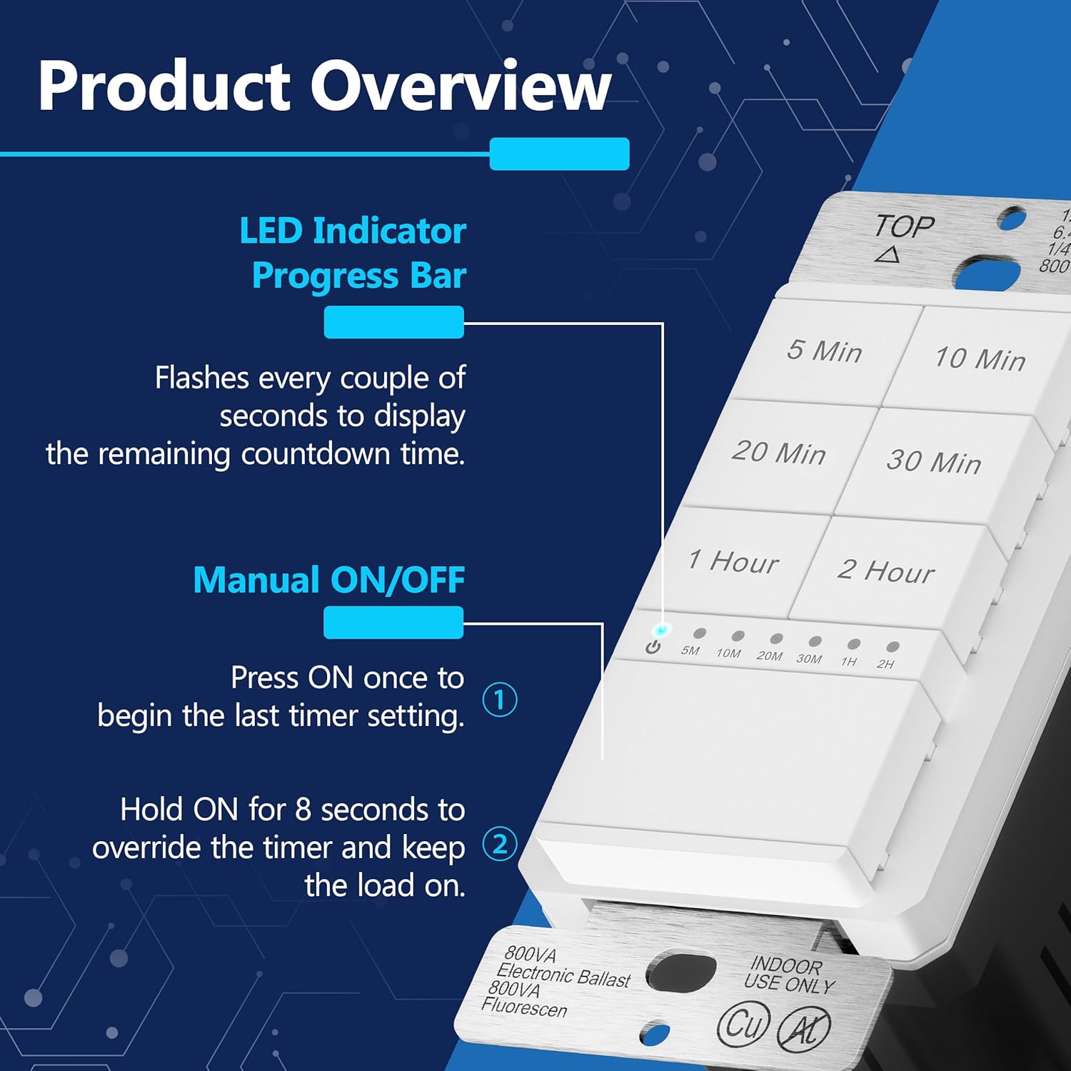 LIDER 2-Hour Countdown Timer Switch with Wall Plate, 800W, No Neutral Required, 5-10-20-30 Min, 1-2 Hour, for Lighting or Fans, LED Indicator, UL Listed, White, Wall Plate Included