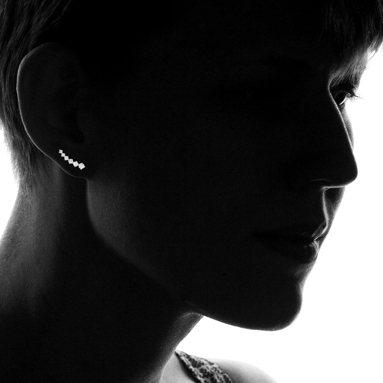 14K Yellow Gold Graduated Round Cut Ear Crawler AAA Cubic Zirconia Stud Earrings - Image 4