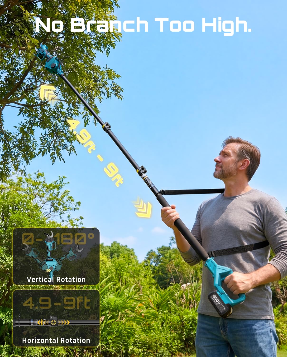 SEESII 2-in-1-Akku-Astschere mit Teleskopstiel: Elektrische Astschere mit 40mm Schnittdurchmesser –bürstenloser Motor, 2*4.0Ah-Akkus, zusätzliche SK5-Klinge, 4 einstellbare Modi für Bäume und Blumen.