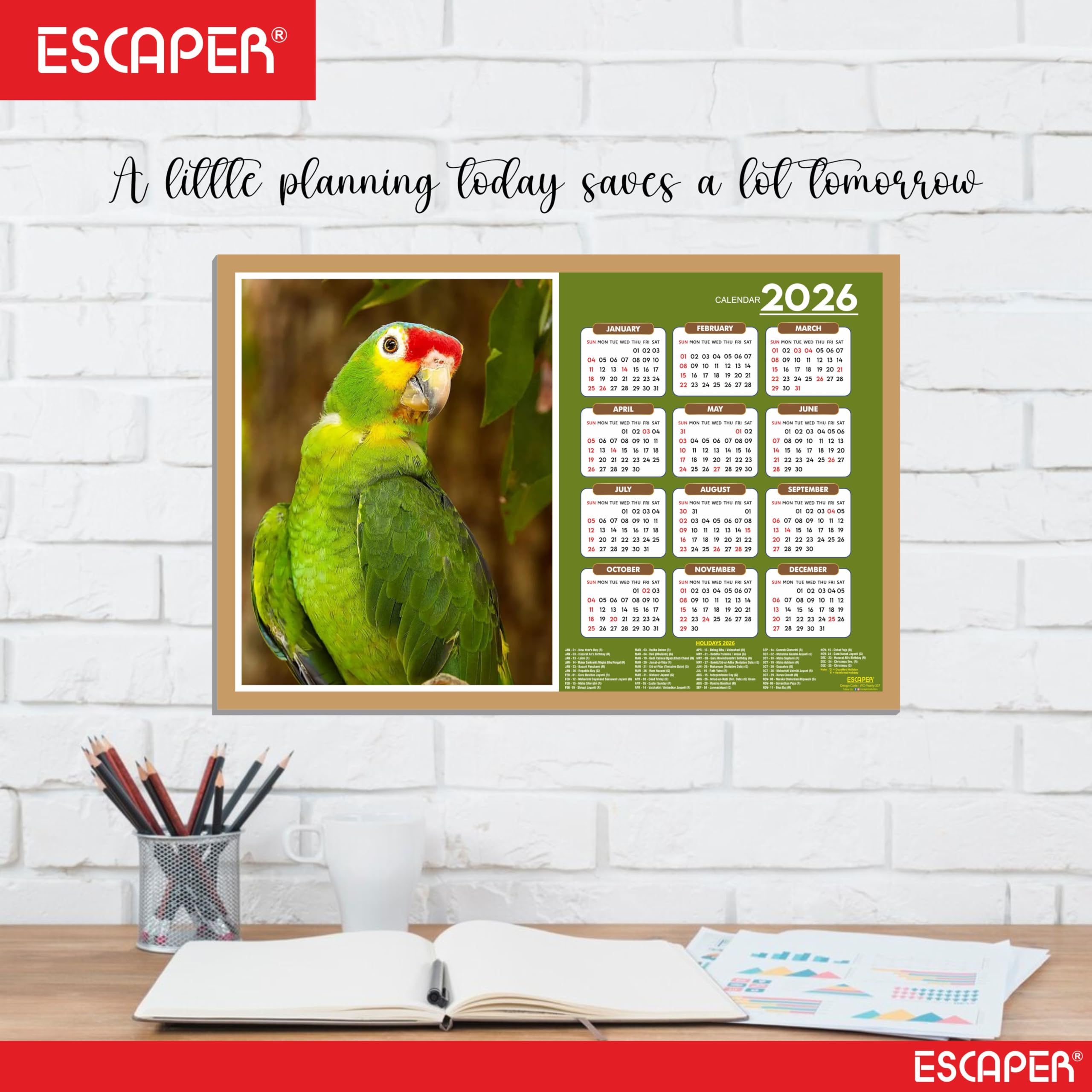 ESCAPER Calendario de pared 2026 con temática de pájaros lindos, 45 x 30 cm, loros verdes, decoración de habitación infantil, calendario colgante para el hogar y regalo