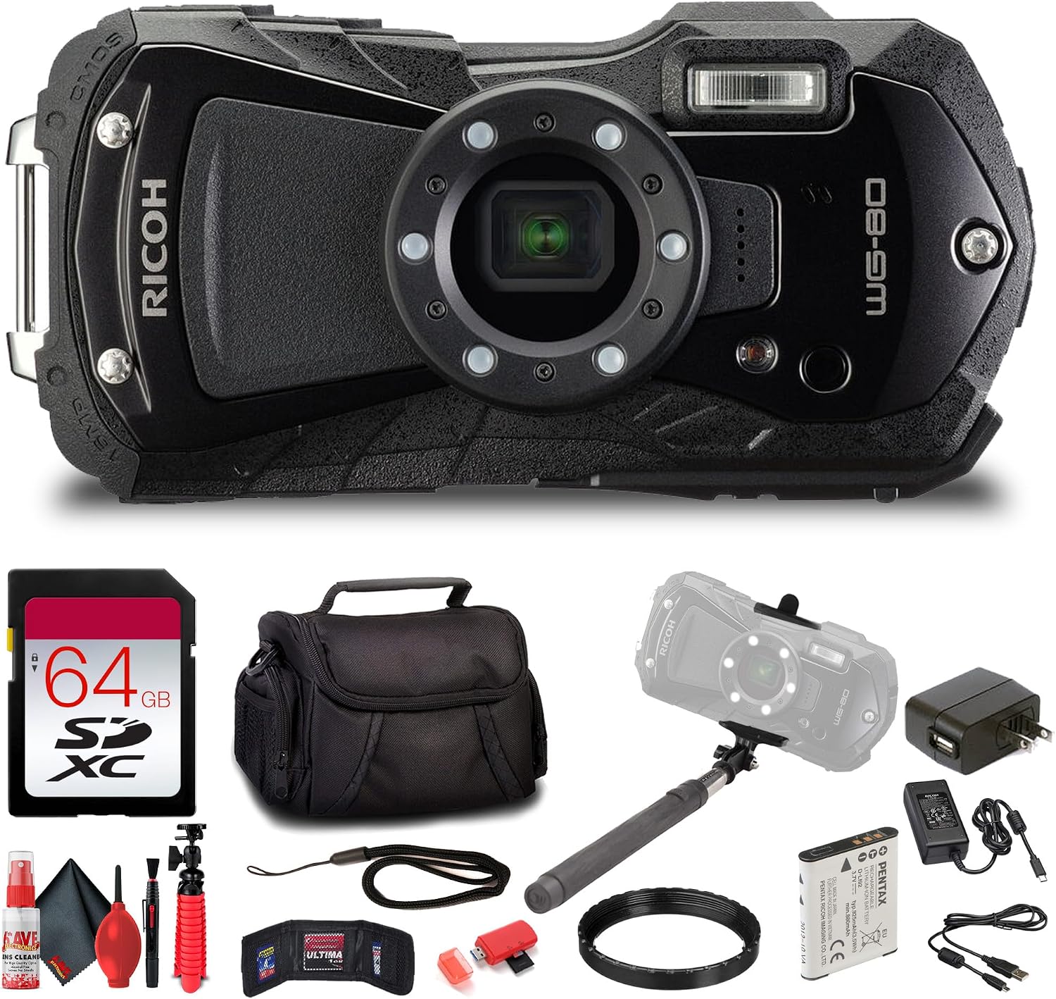 Ricoh WG-80 Rugged Waterproof Digital Camera (Black) Shockproof Freezeproof Compact Design | Full HD Video LED Macro Lights for Outdoor Travel Adventure + 64GB Card + More (12 Pc Bundle)
