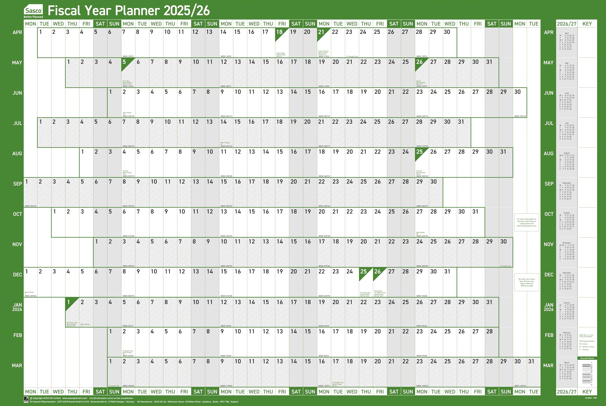 Sasco 2025 Fiscal Year Wall Planner, Financial Year Wall Planner Set, Large Whiteboard Style Dry Erase Calendar, Board Mounted Tax Planner & Dry Erase Pen, Wall Chart, Green, 915x610mm, 2410249