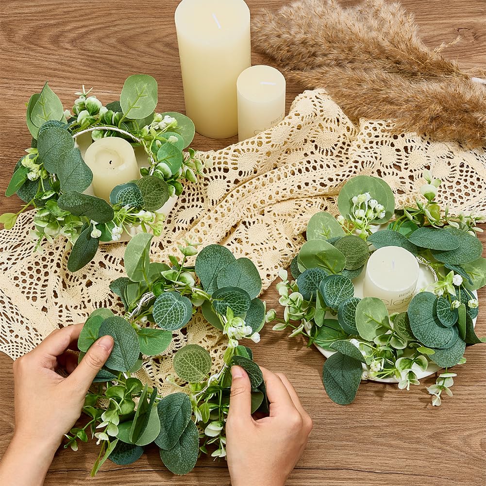 OLYCRAFT 8pz Anelli per Candele 11cm Ghirlande di Foglie di Eucalipto Artificiali Anelli per Candele Ghirlande Portacandele A Colonna Candela per Feste Matrimoni Tavolo Decorazione per La Casa