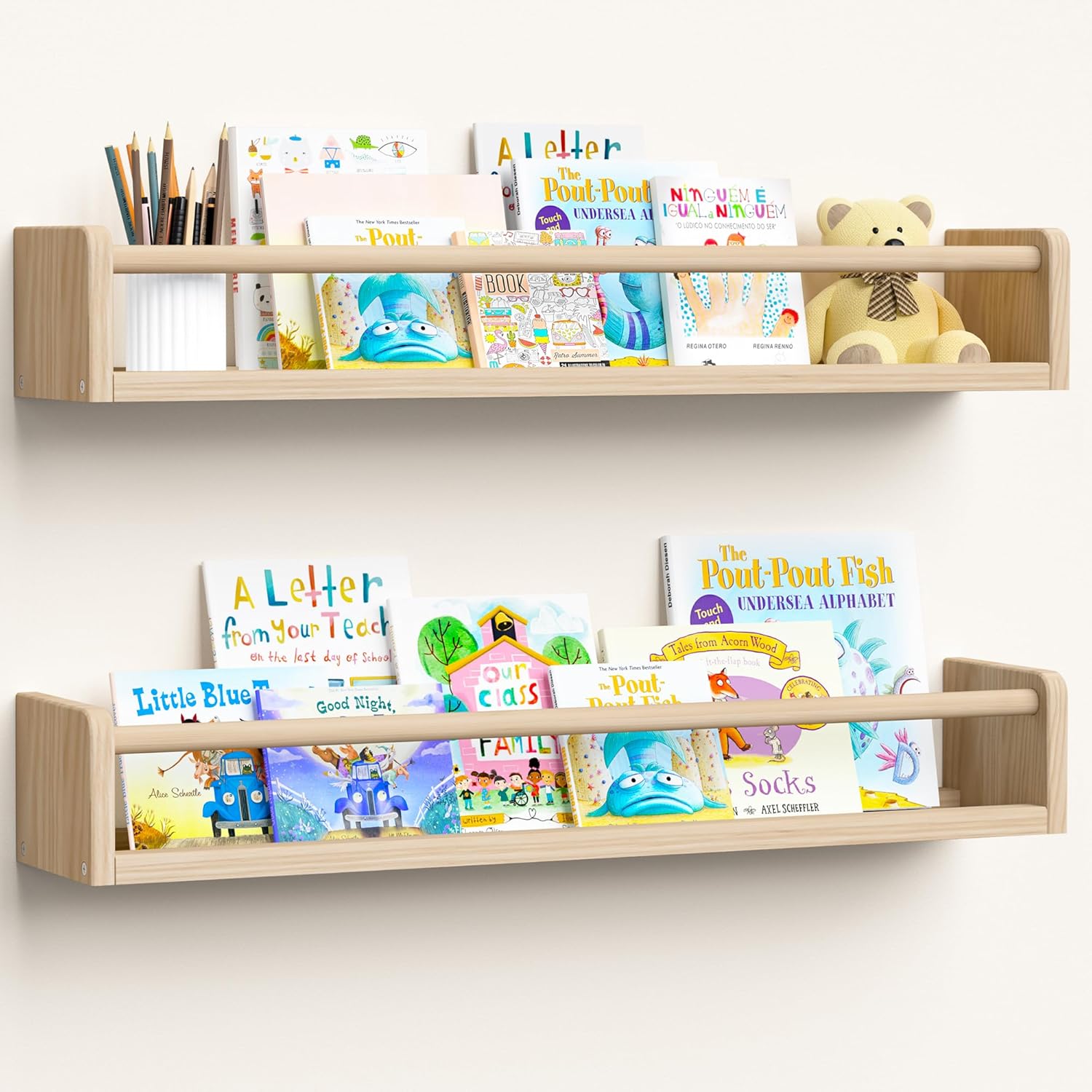 upsimples 2 Pack Nursery Book Shelves, 23.6 Inch Floating Bookshelves for Wall, Baby Nursery Decor, Small Solid Wood Wall Mounted Shelves for Baby Kids Boys Girls, Natural