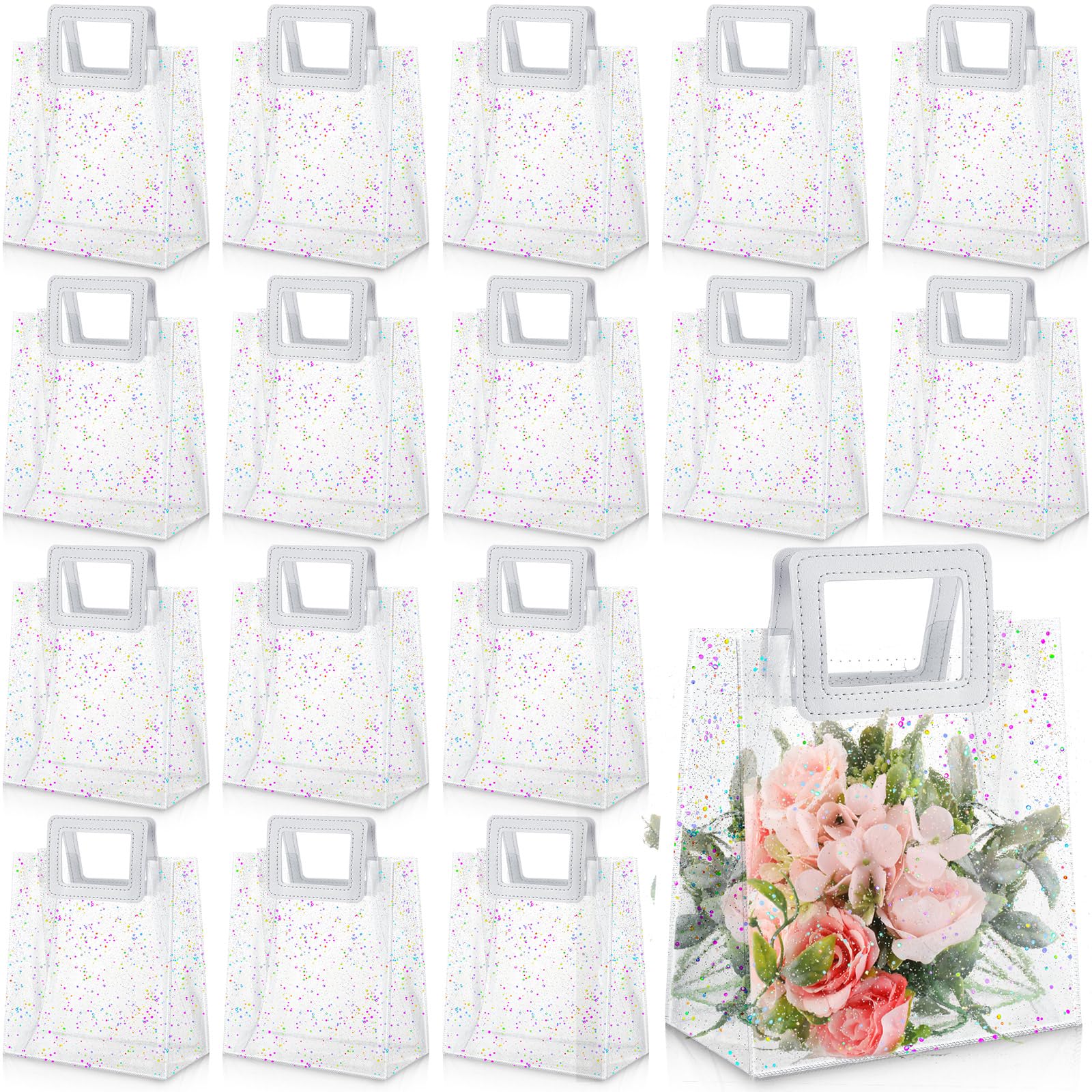 Jetec 20 Pieces Clear Gift Bags with Handles Wedding Transparent Glitter Tote Bag 7 x 4 x 8 Inch Reusable PVC Gift Wrap Bag for Bridal Party Baby Shower Valentines Birthday(Clear, White, Glitter)
