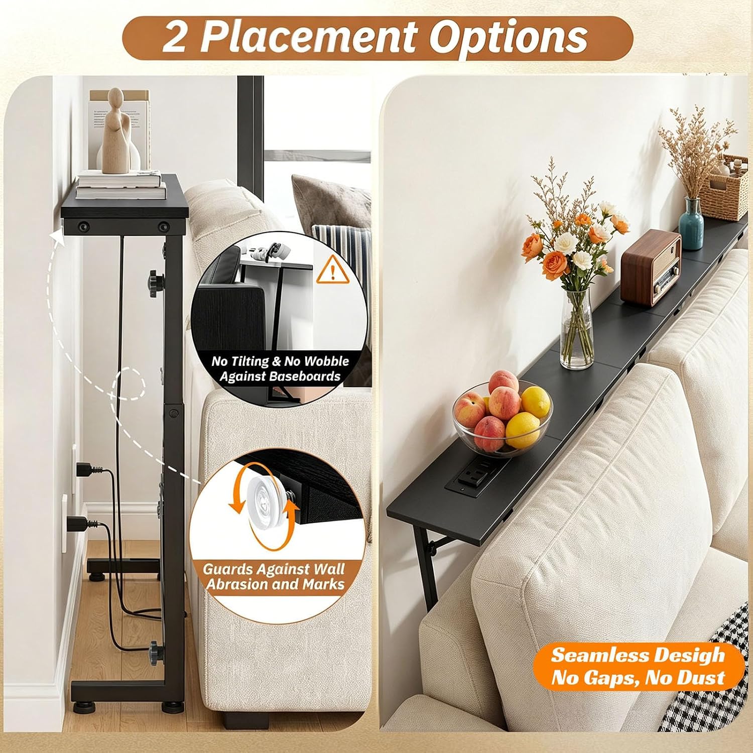 Adjustable Behind Couch Table with Outlets, Black