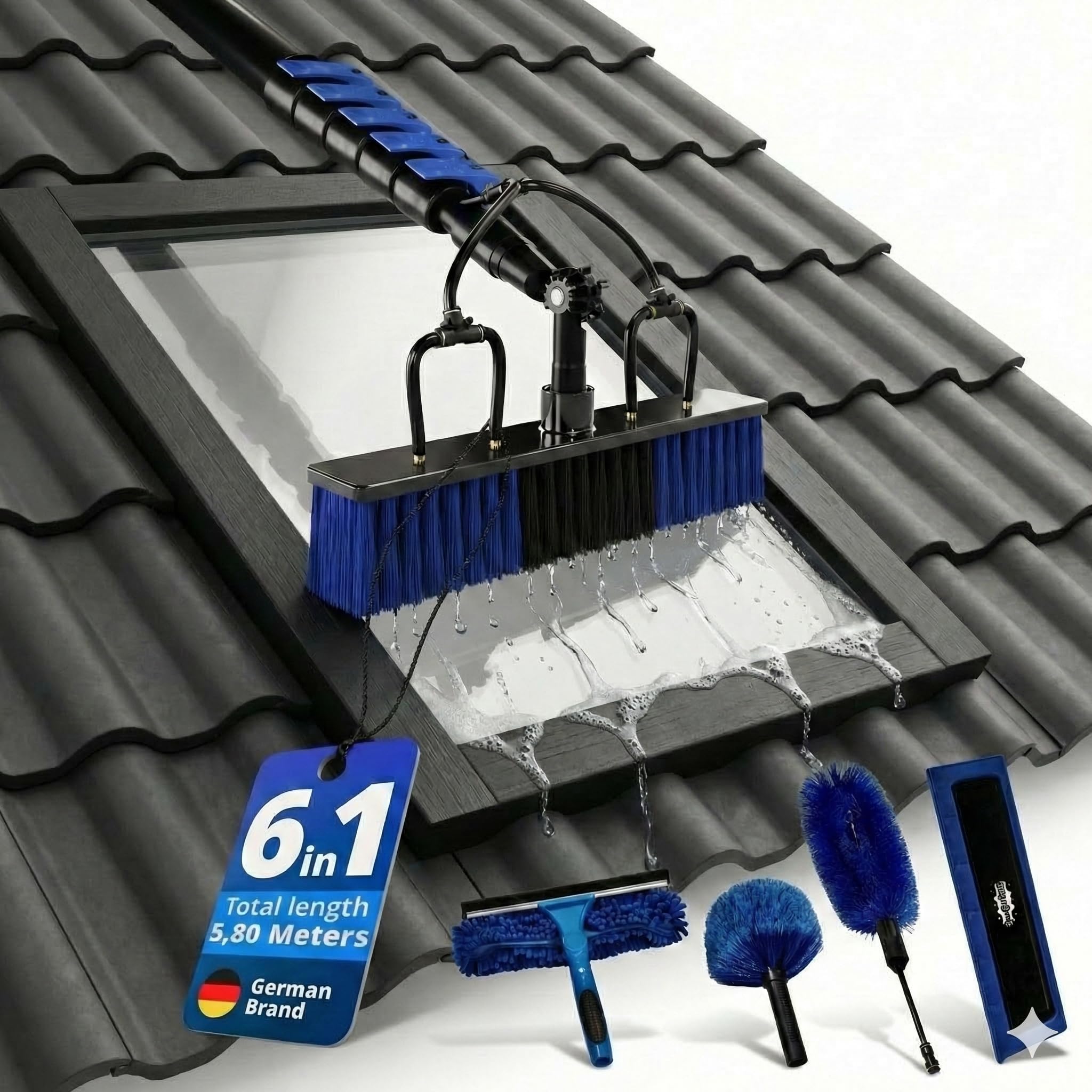Window Cleaning Equipment 19FT – Telescopic Window Cleaner Water Fed Pole, Window Cleaning Kit with Brush & 5 Attachments for Window, Solarpanels, Conservatory & Gutter Cleaning - Window Cleaning Pole