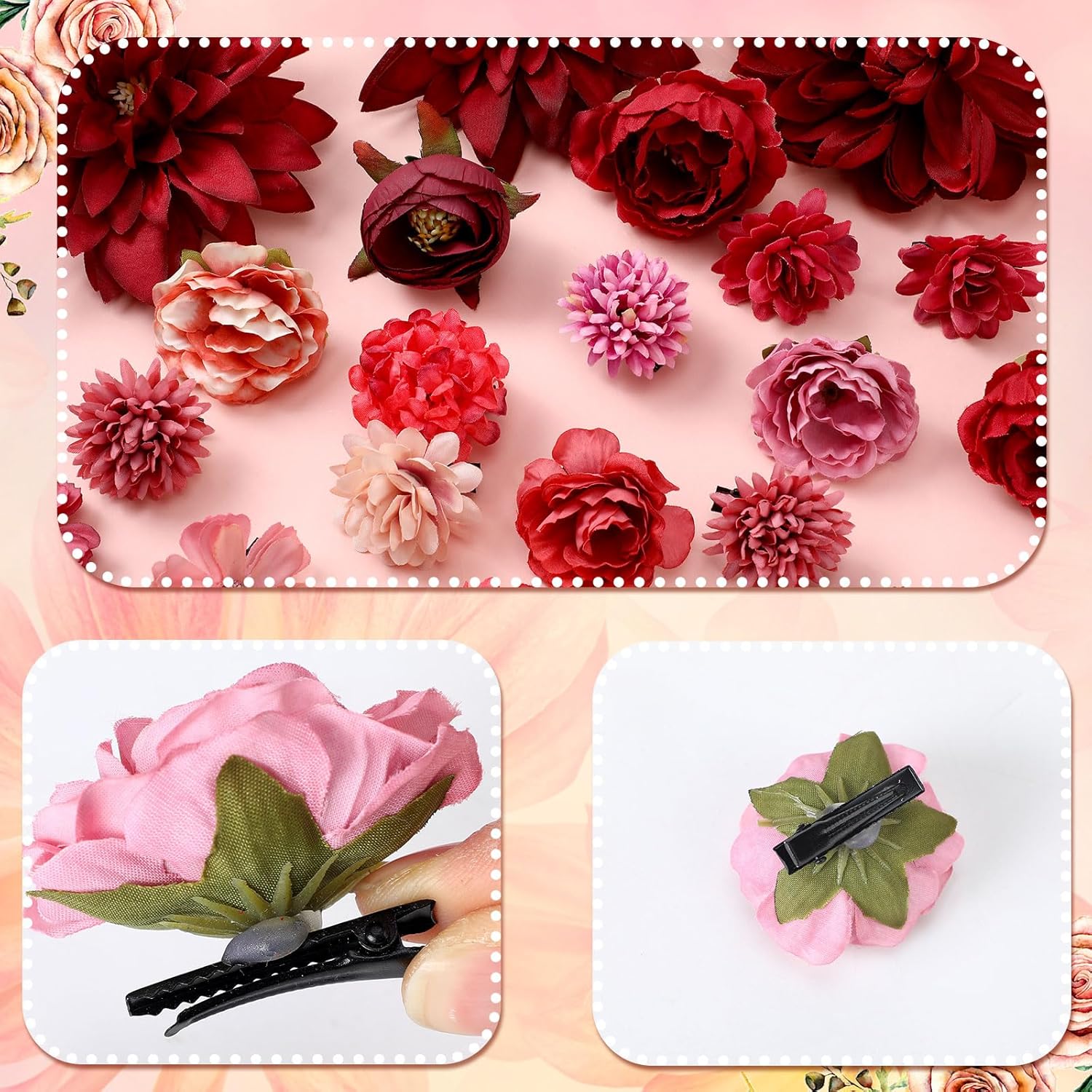 BBTO 21 Pcs Flower Hair Clip Rose Hair Clips Barrettes for Women Flower Accessories Boho Bride Claw Clip Hairpin Brooch Pin Headpiece for Wedding(Red Series) - Image 5