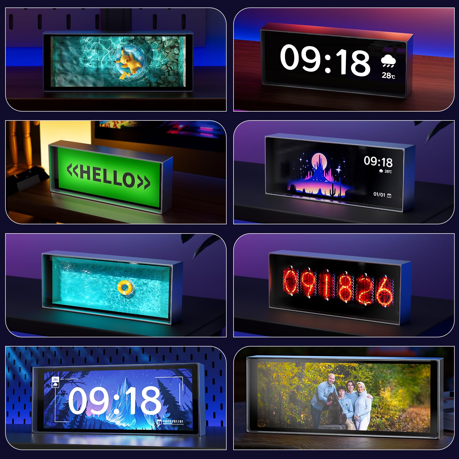 Reloj despertador digital con LED, reloj despertador digital con clima, reloj de tubo con control de aplicación, 5 modos de visualización de la hora, pantalla de fotos personalizada, reloj