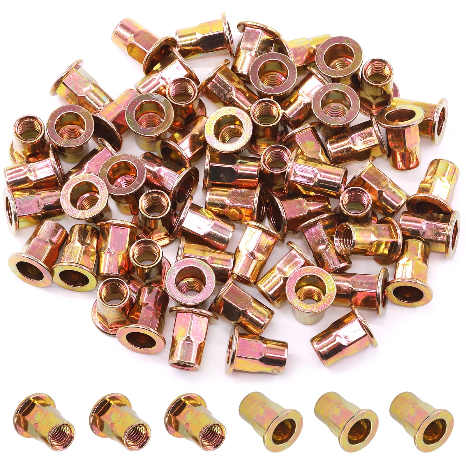 60pcs M8 Metric Hex Rivet Nut Assortment – Carbon Steel Hex Rivnut Flat Head Threaded Insert Nutserts, Zinc Plated
