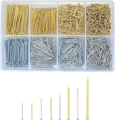 Kit surtido de 820 piezas de uñas, uñas pequeñas para colgar imágenes, uñas de hardware de acabado, 8 tamaños de uñas de pared surtidas de oroplata