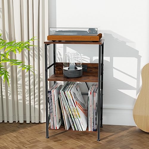 Miniatura 2 de Soporte para tocadiscos con estación de carga, mesa auxiliar de 3 niveles para almacenamiento de 100 vinilos, mesa auxiliar para sala de estar,