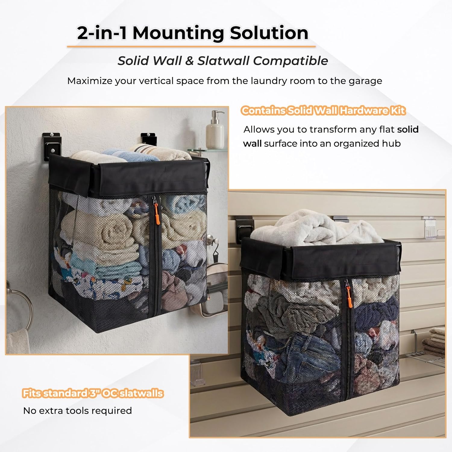 Slatwall Accessories Kit: 2 Mesh Baskets with Zipper – Solid Wall & Slatwall Compatible | Reinforced No-Sag Design for Garage, Home, Shop Organization