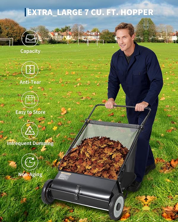 26 in Push Lawn Sweeper,4 Spinning Brushes, 7 Cu. Ft. Large Capacity Collection Bag,Adjustable Height, Durable Steel Frame with Rubber Wheels, for Grass, Leaves & Debris Collector on All Terrains by GarveeHome - Image 5