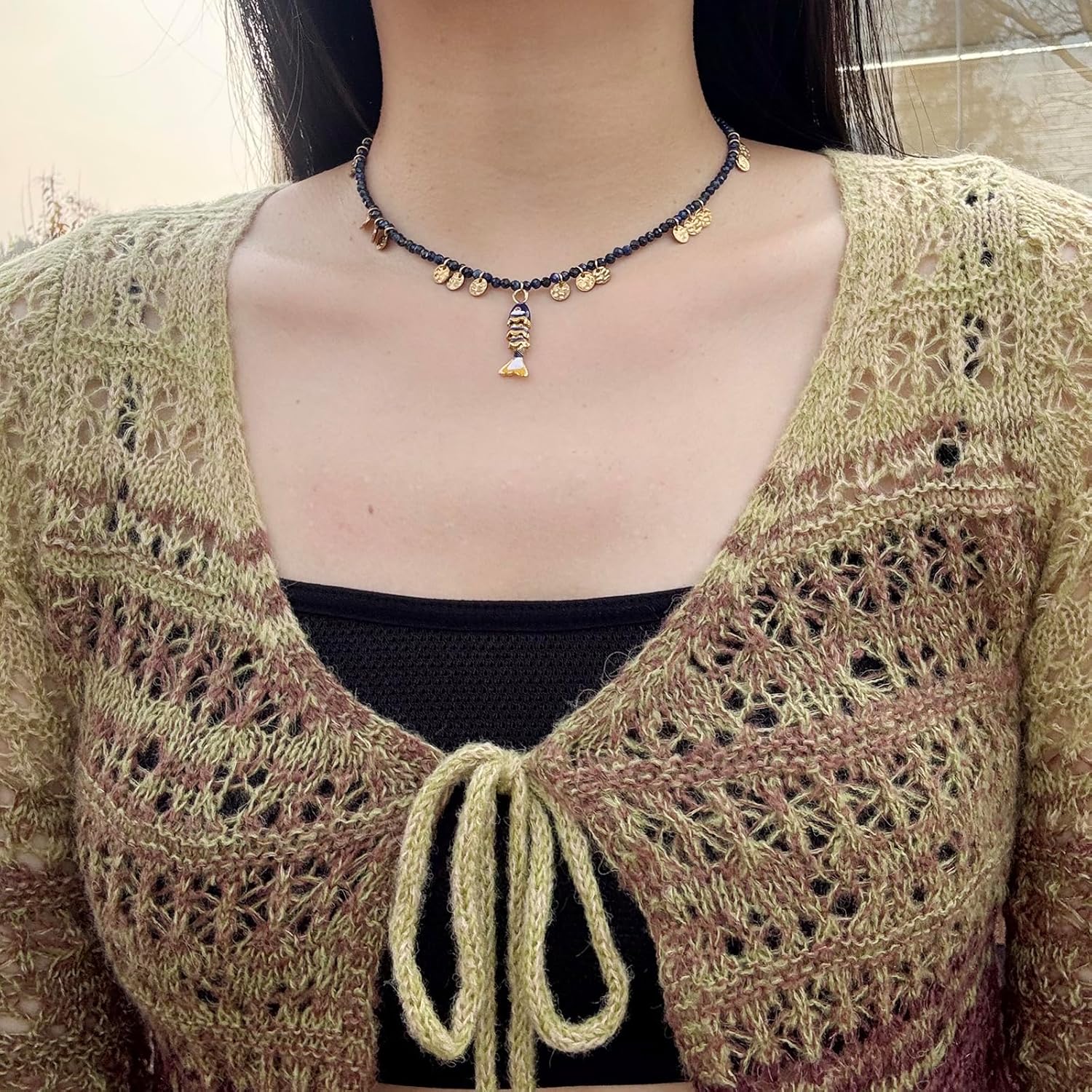 Boho Fish Beaded Necklace for Women, Natural Stone Bead Chain 18K Gold Handmade Sardine Pendant Choker Charm Beach Hawaiian Dainty Necklaces Summer Ocean Minimalist Jewelry Gift - Image 4