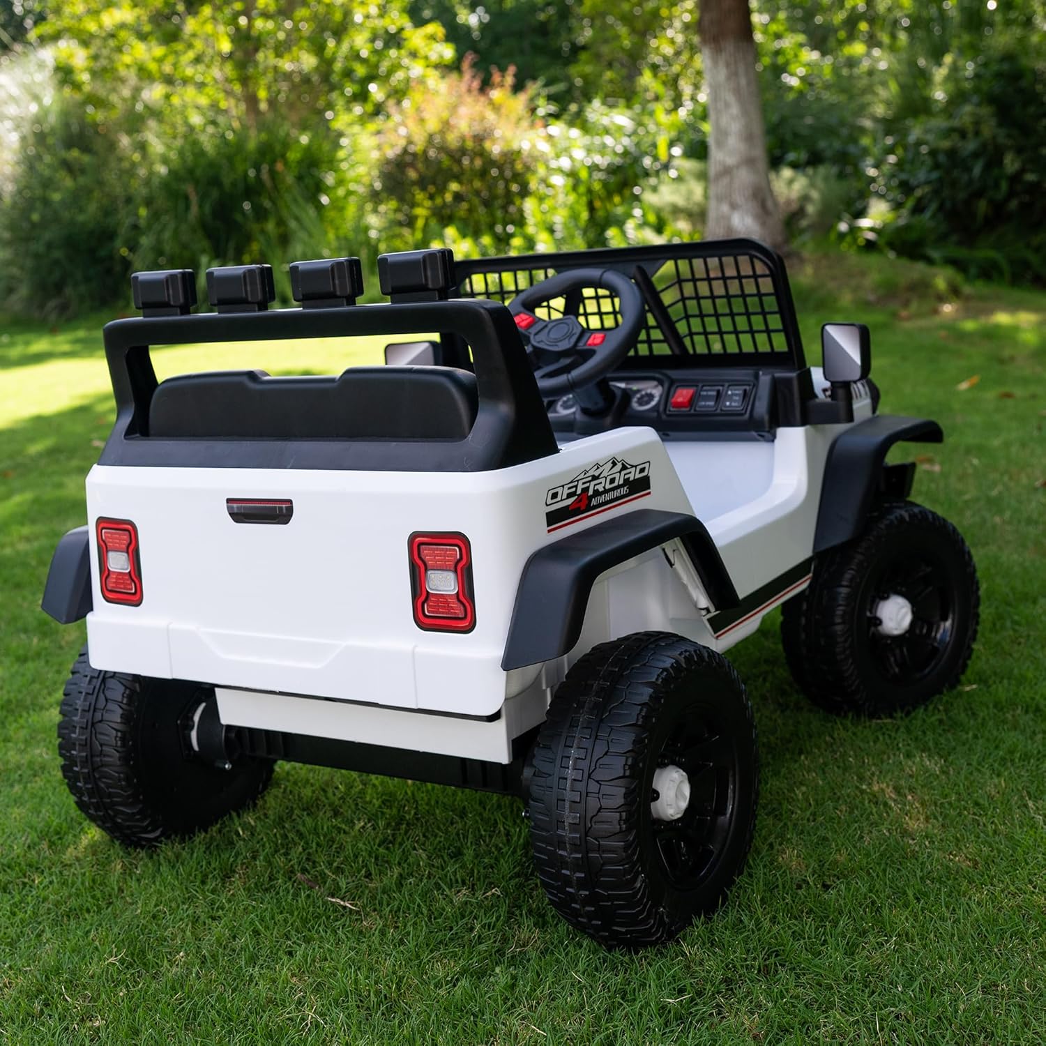 12V 7AH 4WD Kids Ride-On Truck, Electric Off-Road Car with Remote & Pedal Control, LED Lights, Music, USB, Safety Belt, 4-Wheel Suspension, Adjustable Speeds, Outdoor Gift for Boys Girls, White