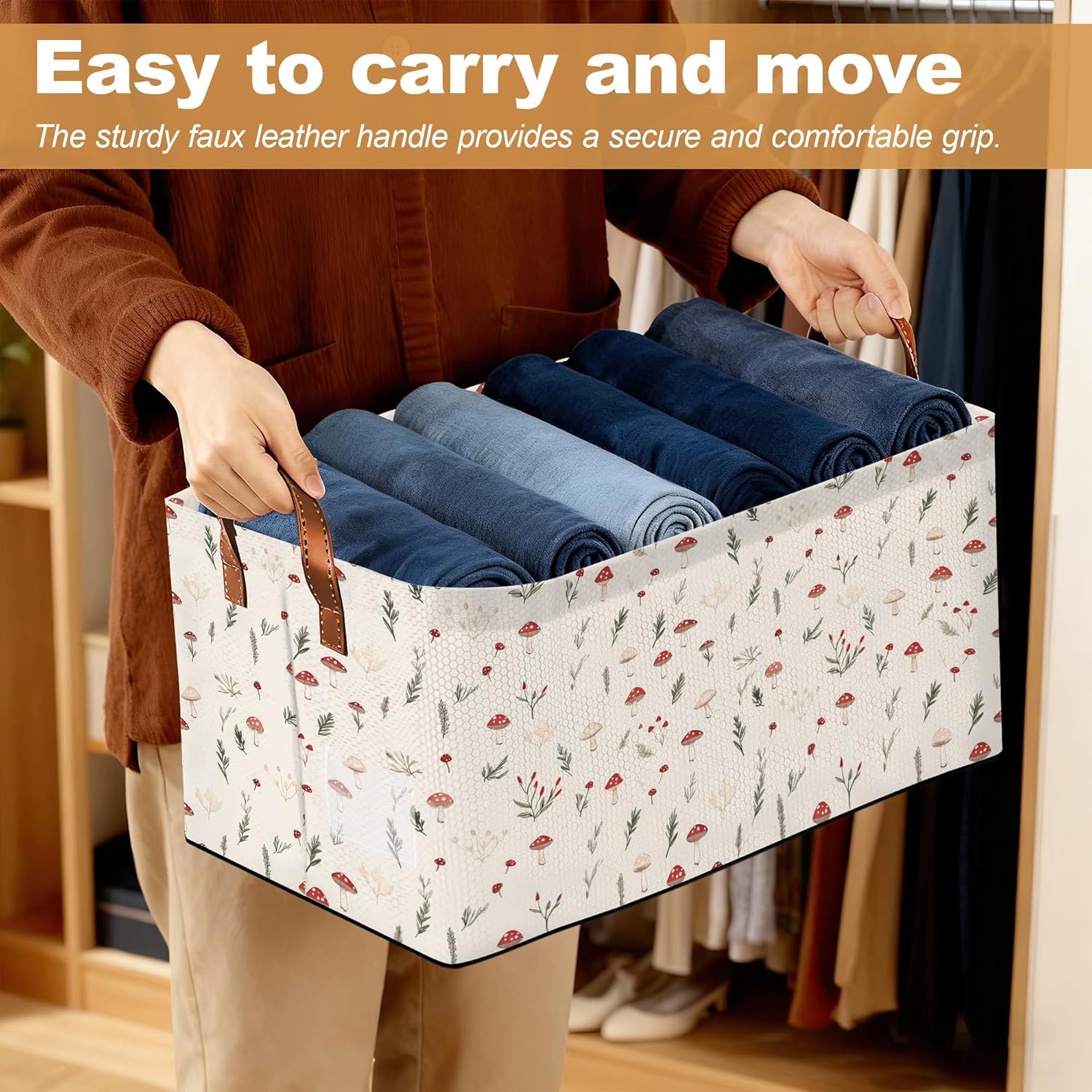 Little Mushroom Flower Storage Bins with Handles, Oxford Fabric Storage Basket with Sturdy Frame, Foldable Closet Organizer for Clothes Towels Blankets Shelf Storage