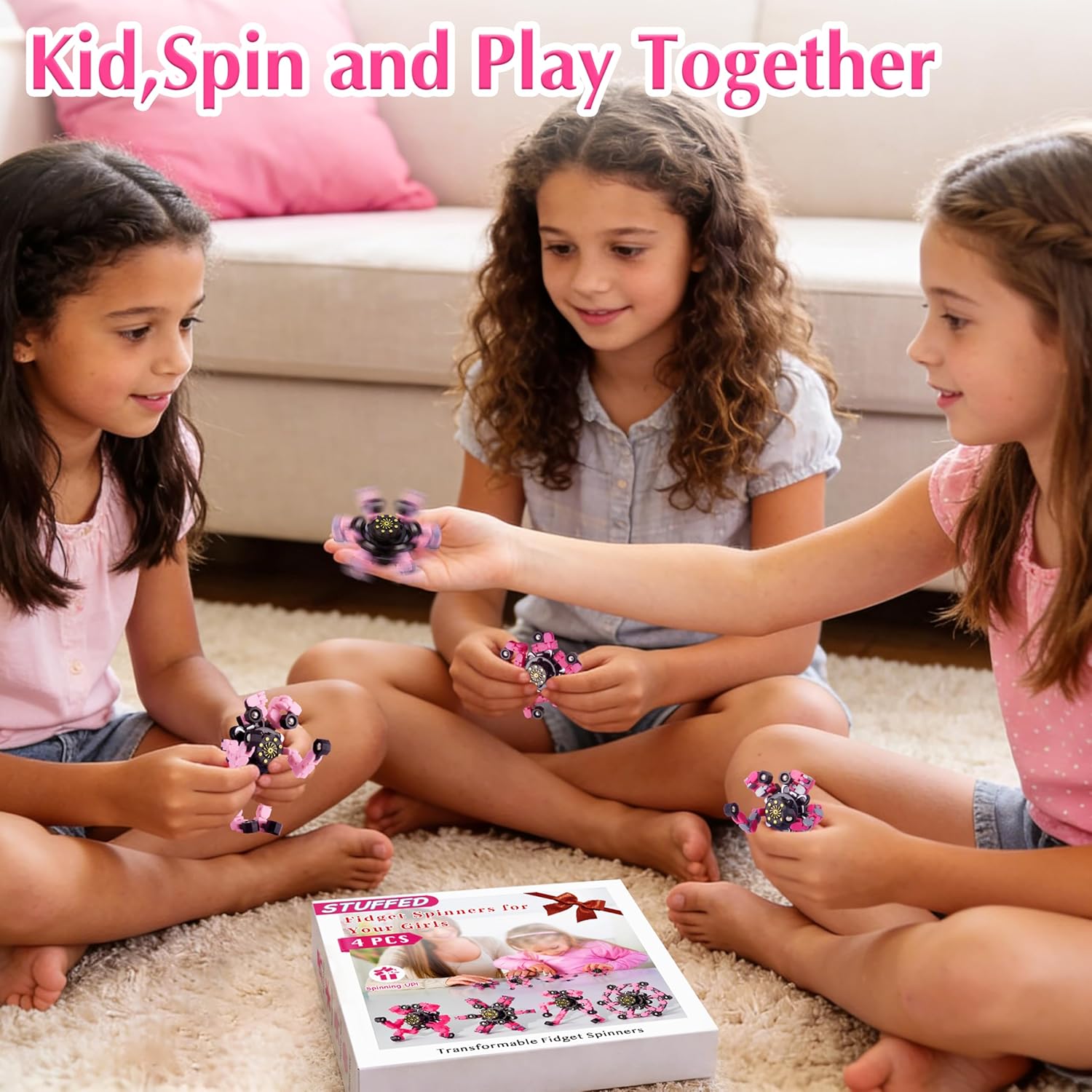 Stuffed 4 Pcs Pink Transformable Fidget Spinners for Girls, Cute Deformable Chain Robot Sensory Toys, Foldable Phone Holder Fingertip Gyro, Stress Relief Kawaii Gifts for Daughter Party Favors