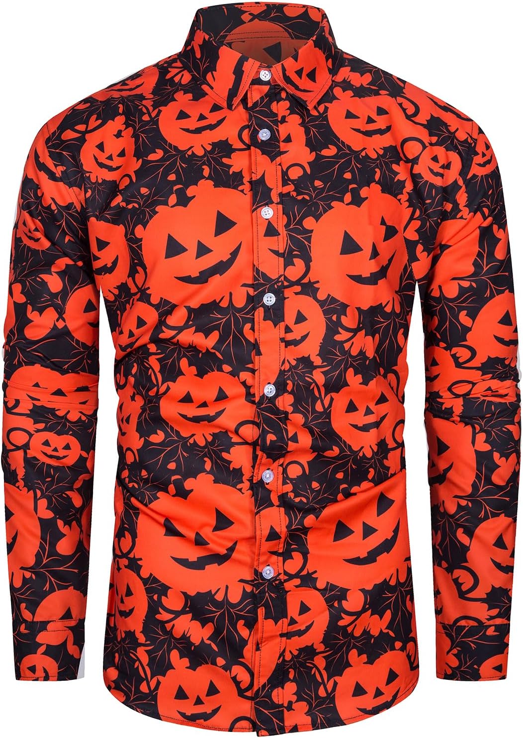 TUNEVUSE Men Halloween Shirts Adult Pumpkin Print Long Sleeve Casual Button Down Shirt Costumes