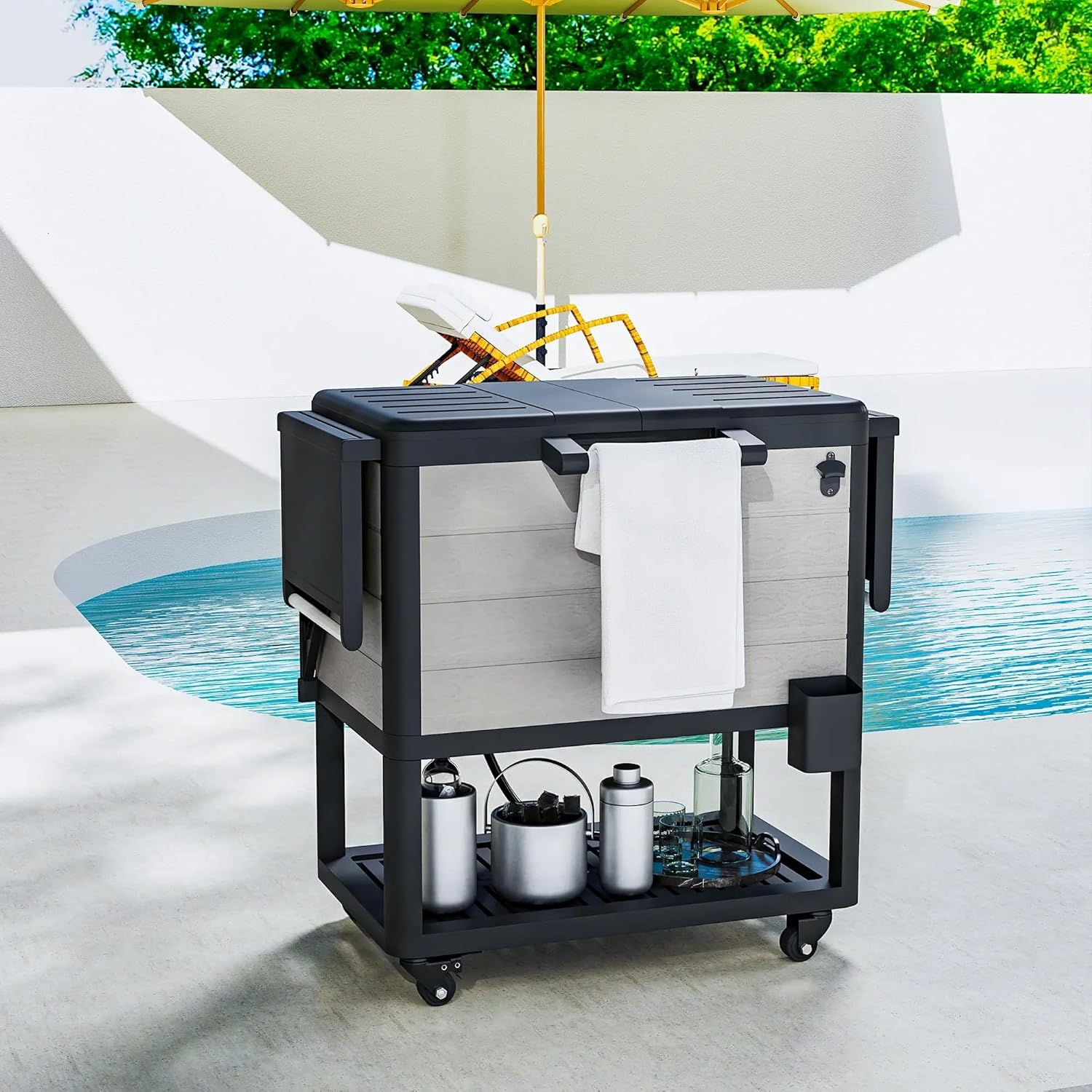 104 Quart Outdoor Cooler Cart, Rolling Ice Chest with Shelves, Bottle Opener & Wheels, Black