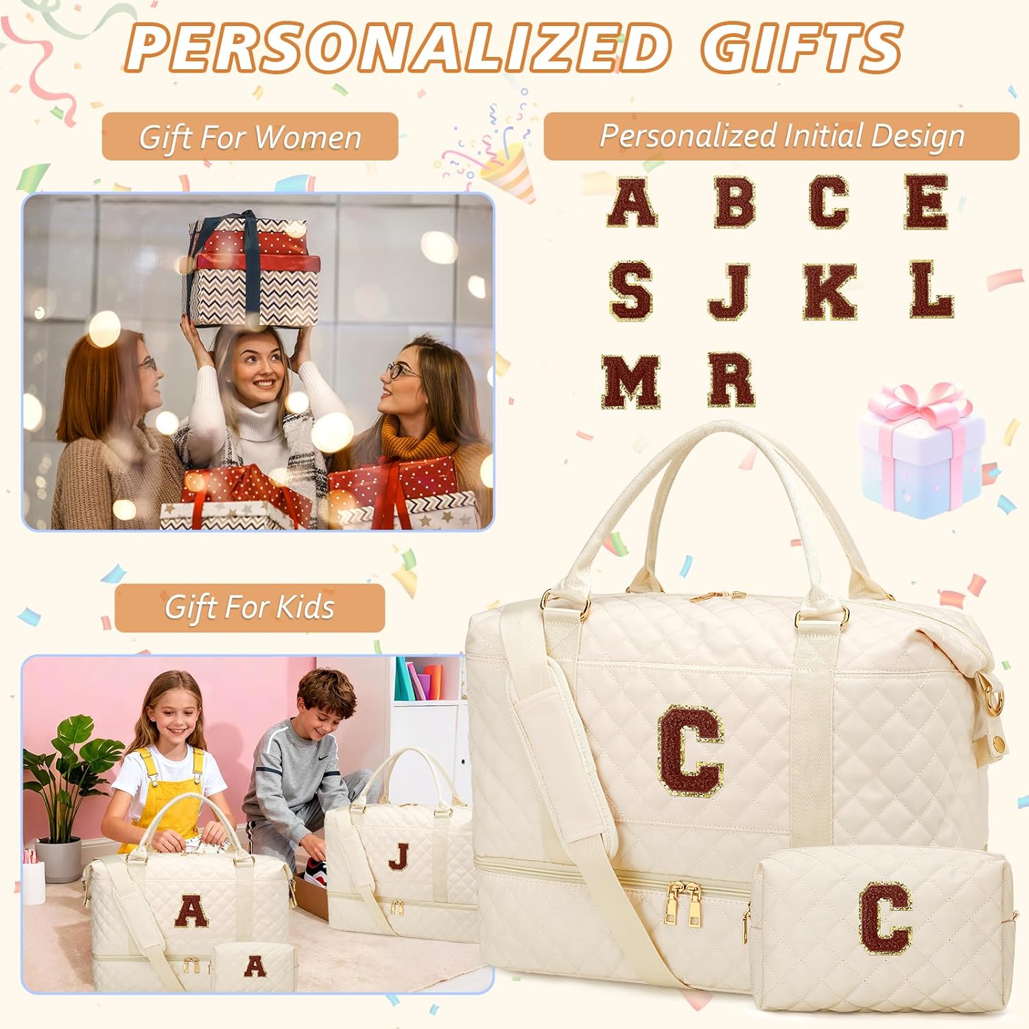 Birthday Gift for Women Initial Travel Duffle Bag Quilted Weekender Bags Carry-On Overnight with Cosmetic Bag, Gym Bag with Shoe Compartment Hospital Bag for Women Labor Delivery, Beige-C - Image 3