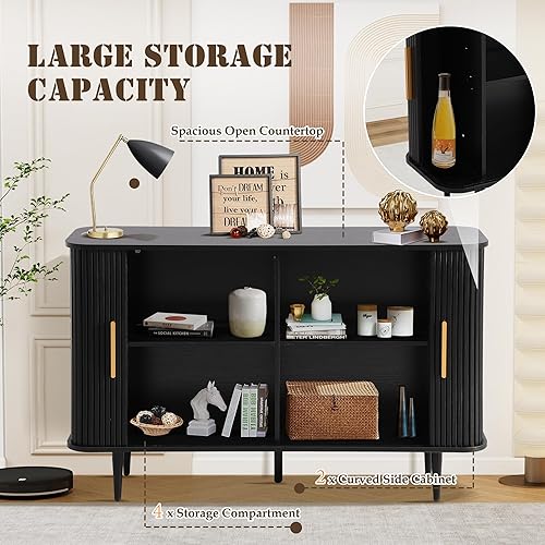 Miniatura 6 de Aparador estriado con almacenamiento, gabinete de tambor de mediados de siglo de 47 pulgadas con puertas deslizantes y estantes, gabinetes de búfer