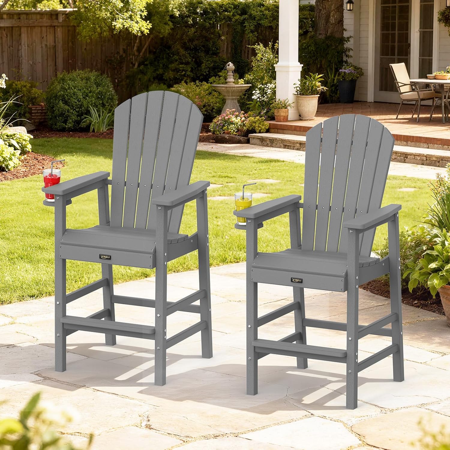 VINGLI Tall Adirondack Chairs Set of 2, All-Weather Plastic Adirondack Chair with Cup Holders, Heavy-Duty HDPE Outdoor Bar Stools for Patio, Balcony, Pool, Backyard (Gray, 2 PCS)