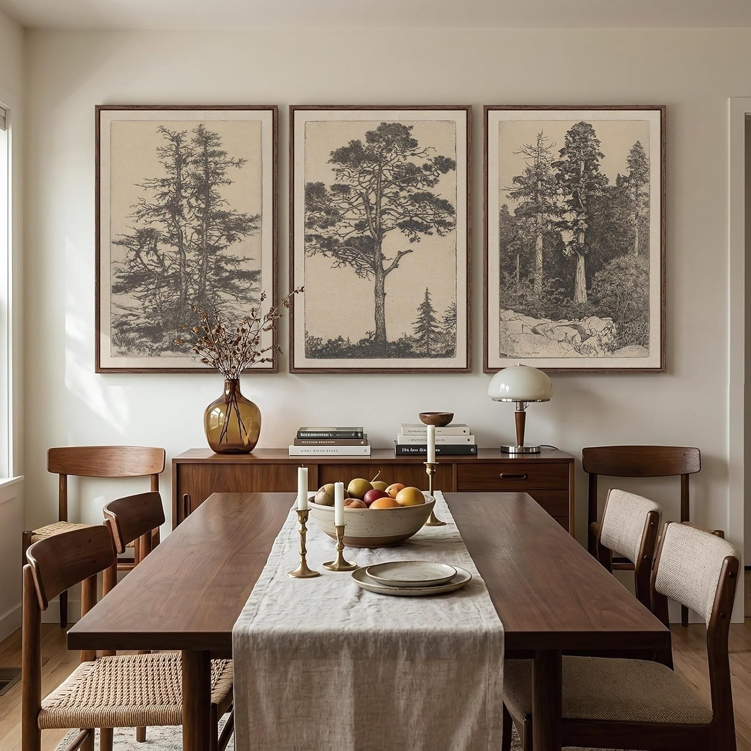 Framed Large Vintage Wall Art for Living Room, Wabi Sabi Tree Canvas 3 Piece Artwork, Classic Antique Sketch Forest Landscape Prints, Neutral Retro Botanical Rustic Painting for Bedroom 24x36 In