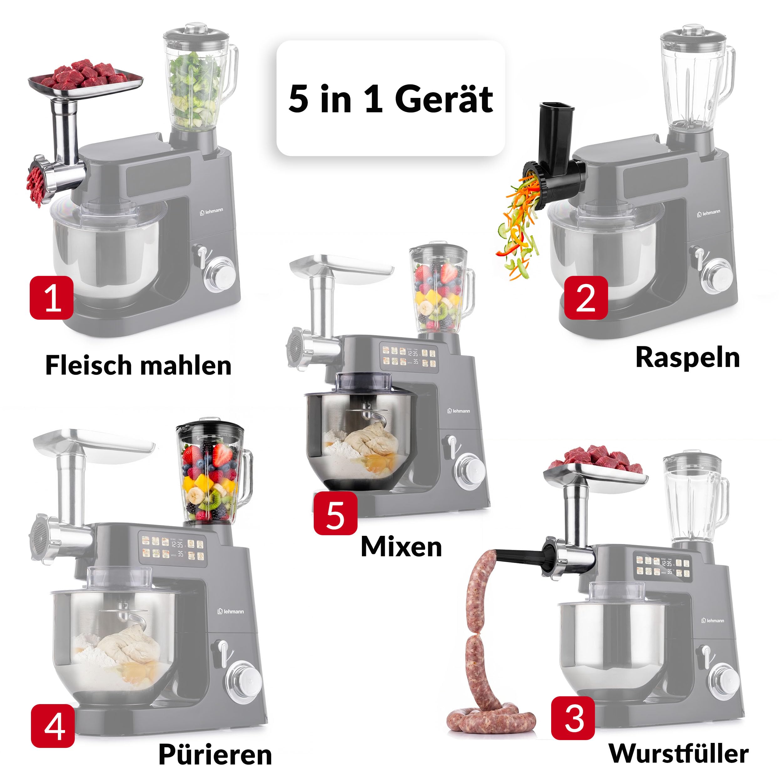 LEHMANN Teyles Multifunktions-Küchenmaschine 8L 2100W mit Waage & Heizschüssel, Planetarische Knetmaschine für Brot- & Pizzateig, 1,5-Liter-Mixer, Fleischwolf, Touchdisplay, Schwarz