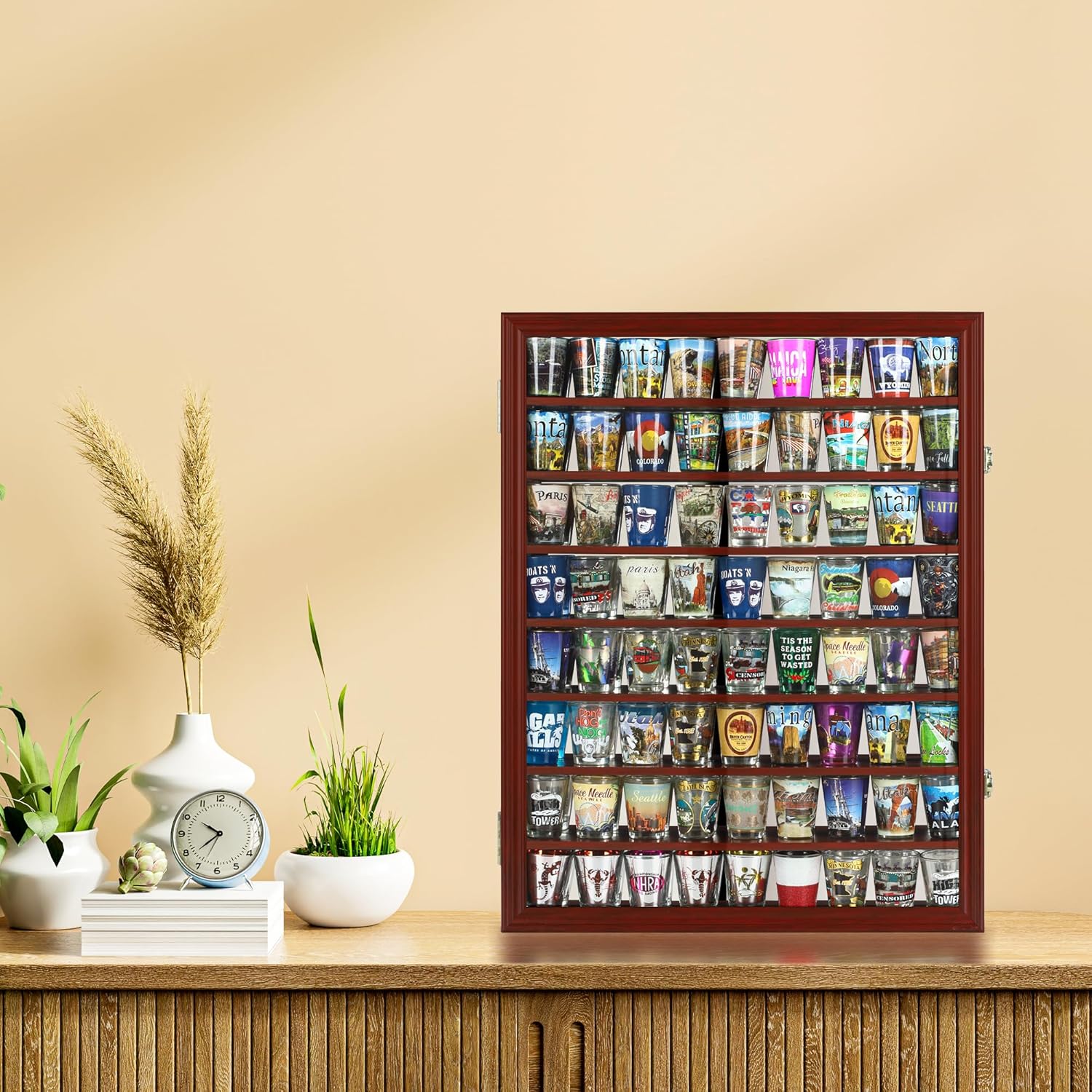 Rock Display case-Shot Glass Display Crystal Organizer for Stone Storage Wall Curio Cabinet with Mirror Back (Cherry Finish)