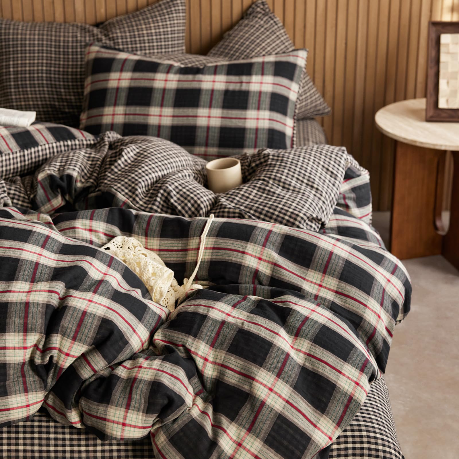 EAVD Classic Black Plaid Duvet Cover Queen Soft 100% Cotton Muslin Modern Red Black Grid Plaid Bedding Set with 2 Pillowcases Reversible Gingham Geometric Duvet Cover with Zipper Closure