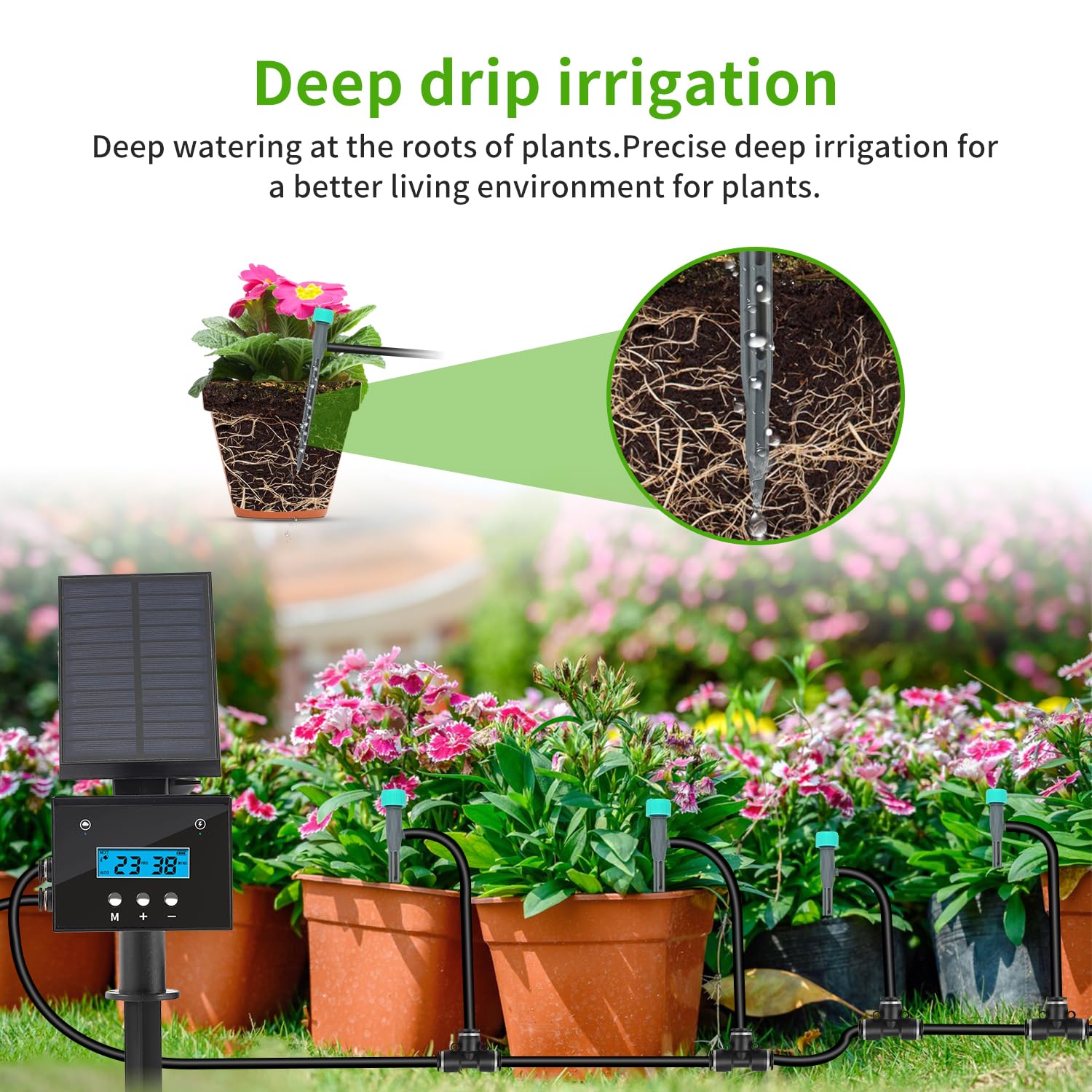 Sistema di irrigazione a goccia solare, sistema di irrigazione automatico per giardinaggio all'aperto, batteria 2200 mA e funzione di rilevamento pioggia, per cortili, balconi, giardini, 10