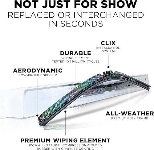 Miniatura 2 de Clix Wipers - Limpiaparabrisas automotriz de fibra de carbono, diseño cibernético - Limpiaparabrisas de repuesto universal con clip - Para todo tipo