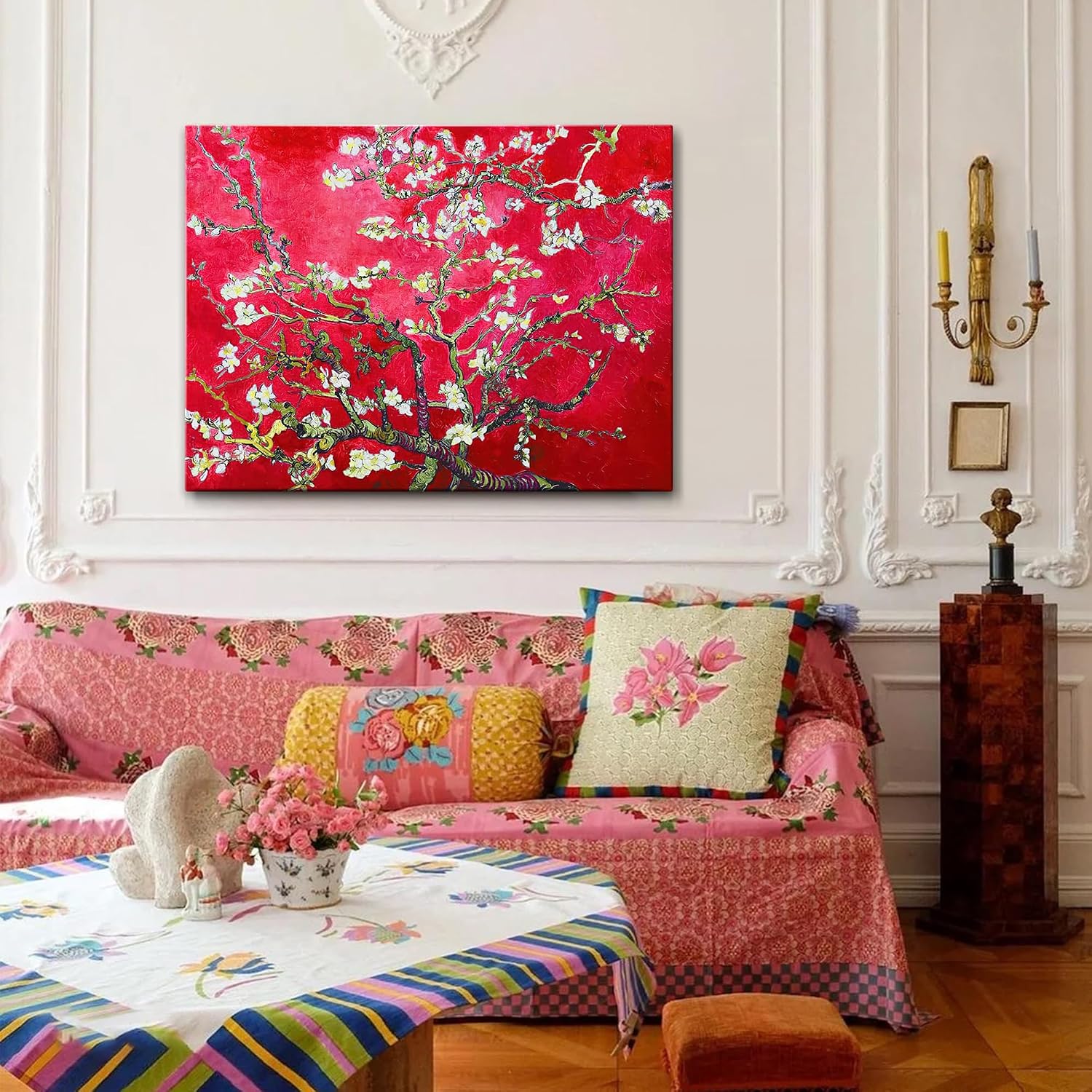 Red Almond Blossom Classical Framed Floral Canvas Wall Art By Van Gogh Famous Oil Paintings Reproduction Flowers Pictures on Canvas Prints Artwork Ready to Hang for Bedroom Home Decorations