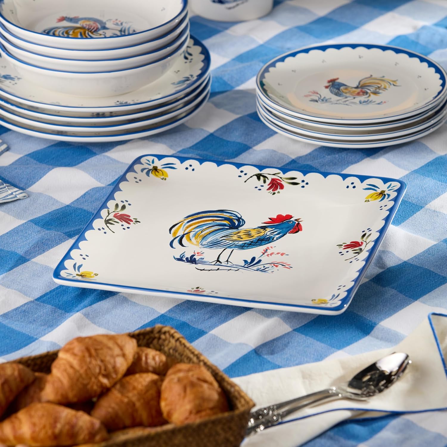 French Rooster Ceramic SQUARE PLATTER, 12.5 Inches, rustic farmhouse serving platter with cobalt trim and classic rooster motif, ideal for appetizers, desserts, meats, holiday dining