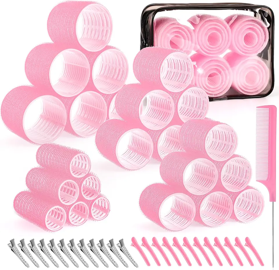 4 Sizes Self-Grip Hair Rollers Set for Long, Short Hair and Bangs - 50 Pcs with Clips (25mm, 36mm, 48mm, 60mm), Pink