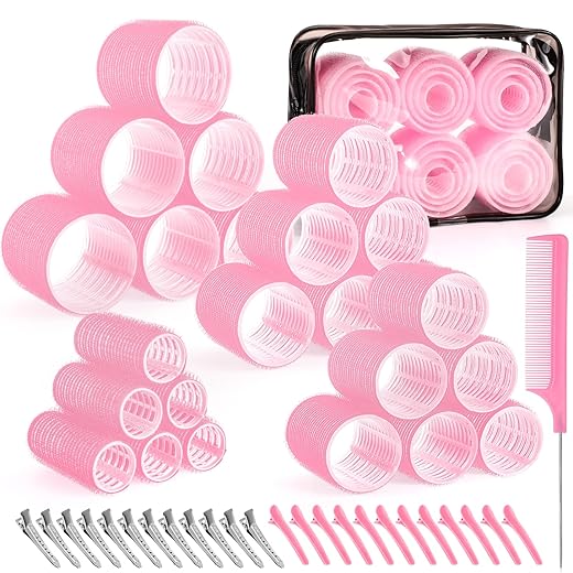 4 Sizes Self-Grip Hair Rollers Set for Long, Short Hair and Bangs - 50 Pcs with Clips (25mm, 36mm, 48mm, 60mm), Pink