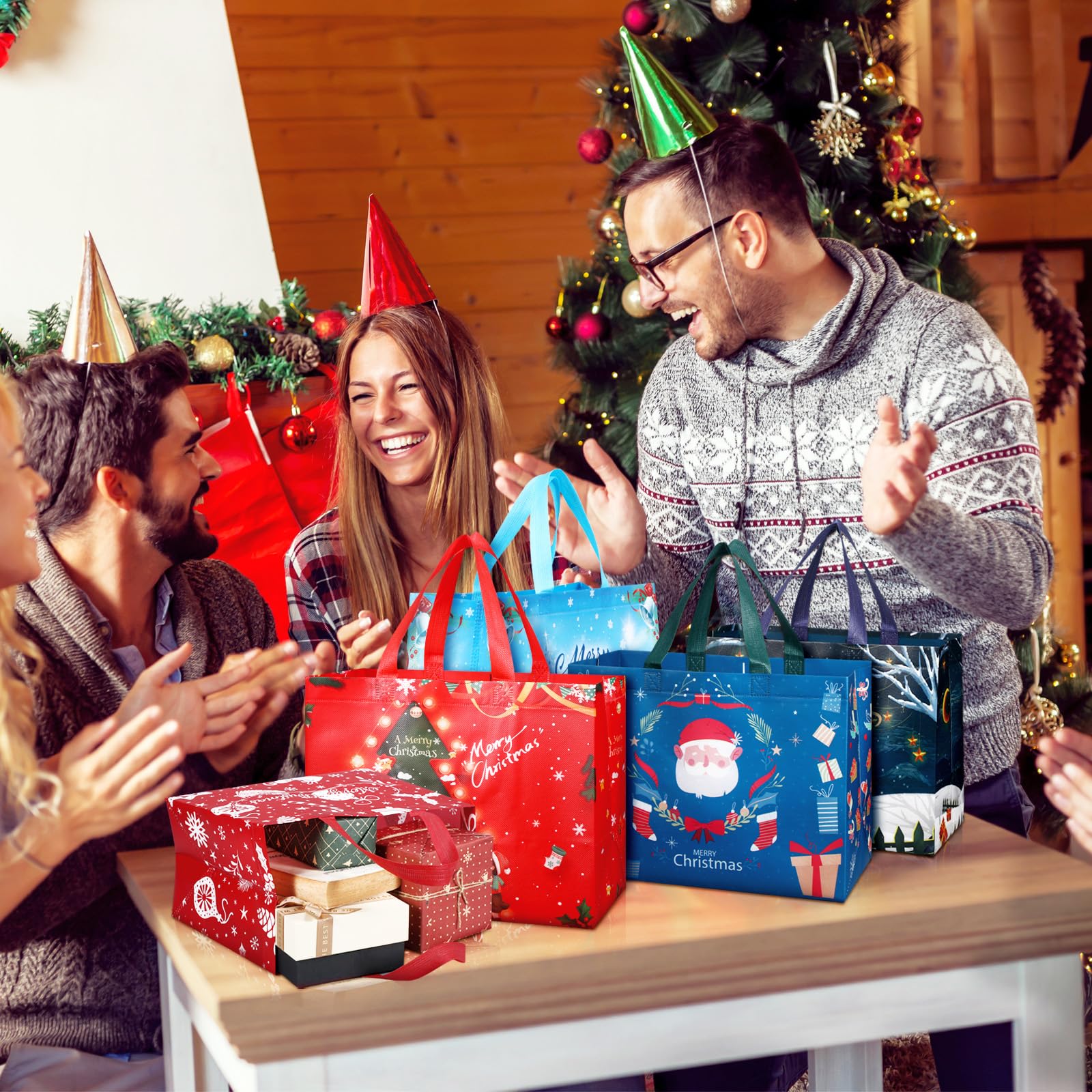 クリスマスギフトバッグ 持ち手付きクリスマストートバッグ バルク、ギフト クリスマスギフトバッグ 4個 持ち手付きクリスマストートバッグ