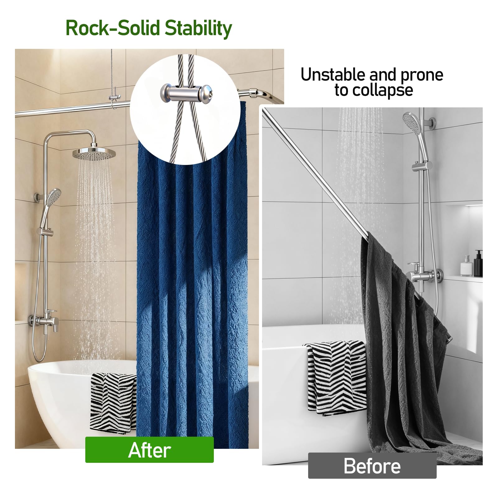 Zarique Lot de 3 supports de plafond pour tringle de rideau de douche anti-affaissement - Réglable de 152,4 cm - Acier inoxydable 304 résistant à la rouille - Pour tringles incurvées, en forme de L et