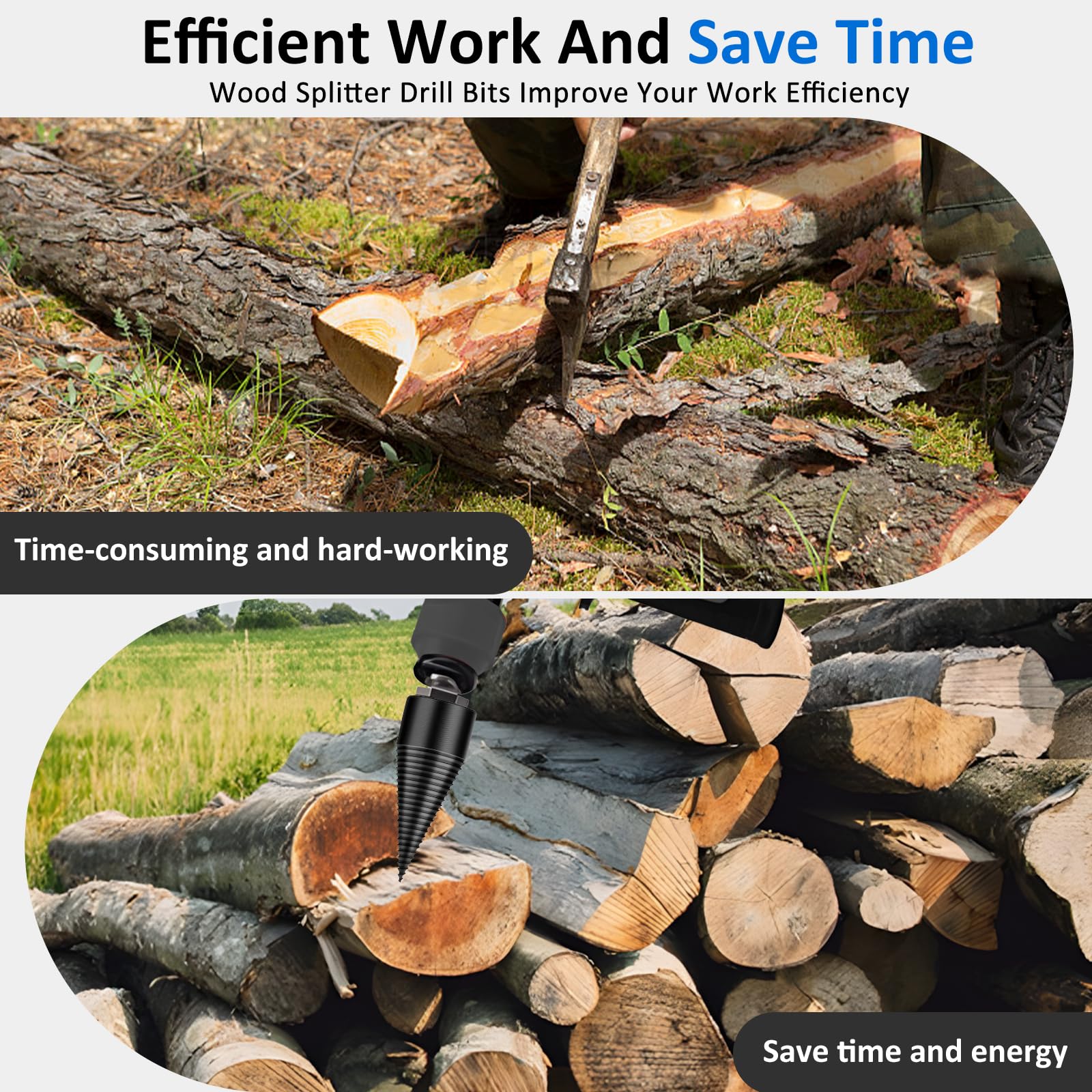 Foret de Fendage de Bois, 32+45mm Fendeur de Bois Conique, Foret À Bois pour Fendre du Bois avec 3 Poignées de Forage, Foret Fendeur de Bois ou de bûches Vis Cône pour Perceuse