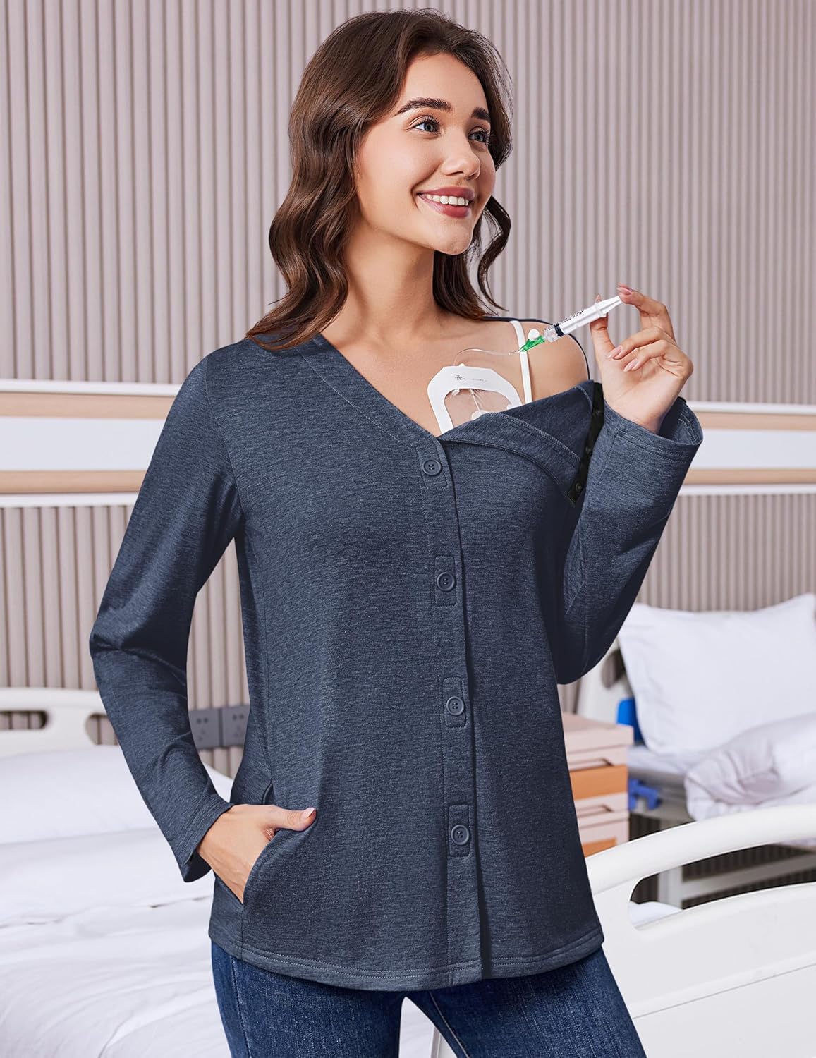 Deyeek Mastectomy Shirts with Drain Pockets Tear Away Side Snap Post Shoulder Surgery Shirts Women Chemo Port Dialysis Shirt - Image 7