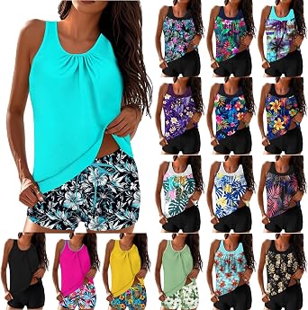 Wkishenl Tankini Swimsuits for Women Tummy Control Two Piece Bathing Suit Modest Swimwear Blouson Tankini Top with Shorts