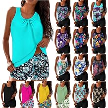 Wkishenl Tankini Swimsuits for Women Tummy Control Two Piece Bathing Suit Modest Swimwear Blouson Tankini Top with Shorts